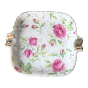 Unbranded Porcelain Ashtray Pink Rose Floral Gold Trim Vtg Trinket Dish 3.5in